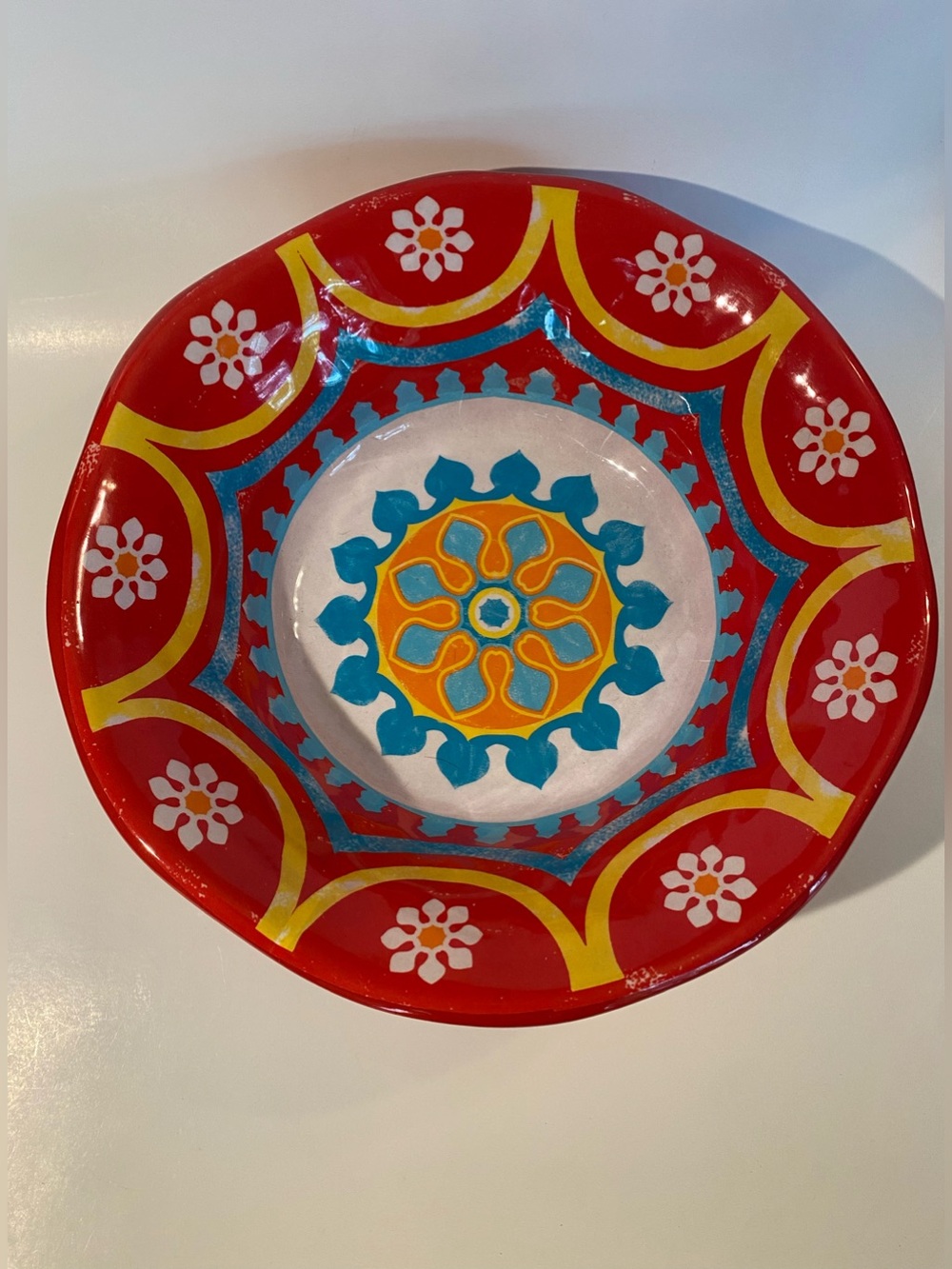 Melamine Serving Bowl 11” Floral Mandala Summer Serve-ware Vibrant Boho Red